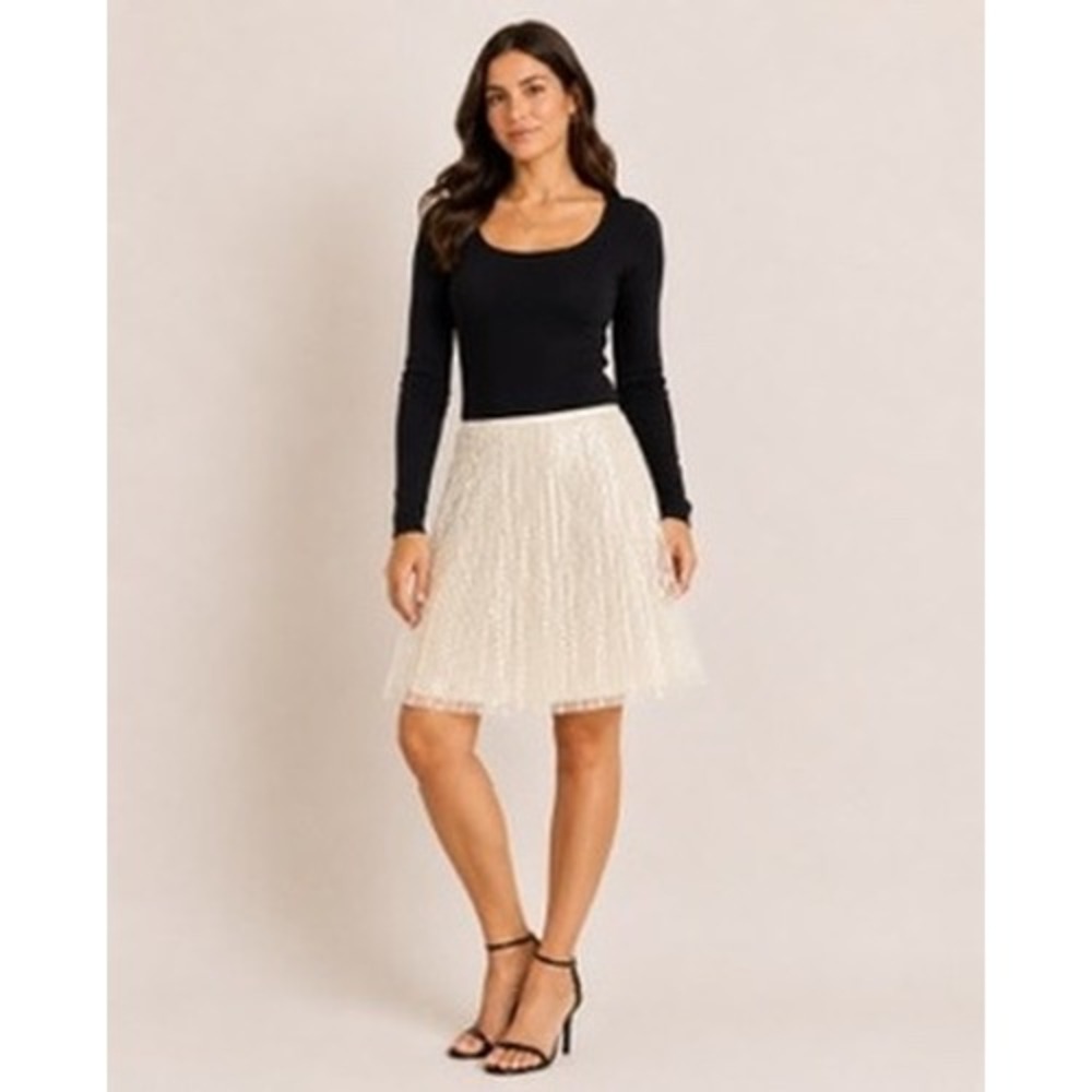 Tocca Womens‎ Cream Silk Sequin Midi Skirt White Embellished Glam Size 4